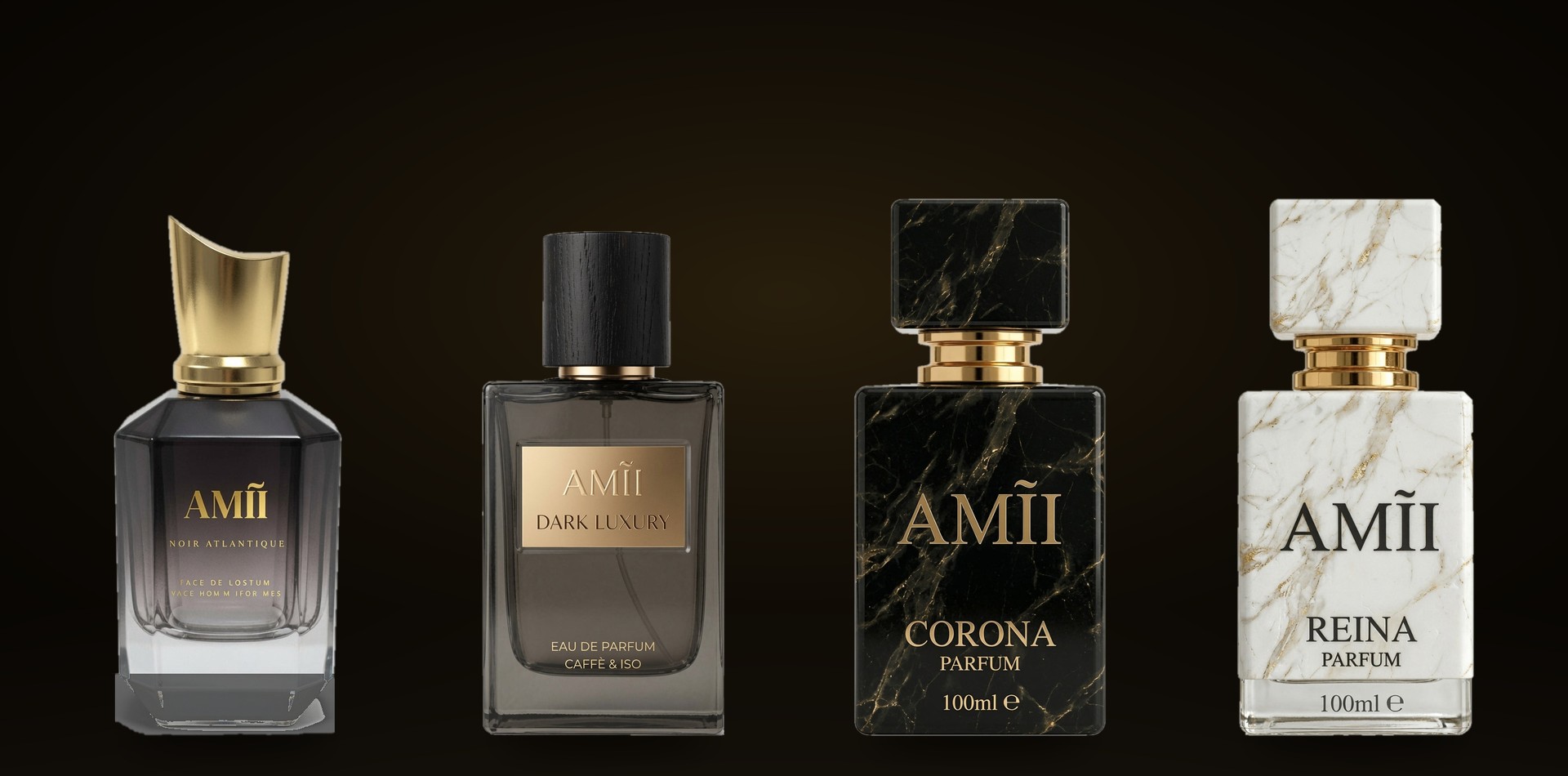 Fotos reales de los frascos de AMĨI PERFUME: NOIR ATLANTIQUE, DARK LUXURY, CORONA y REINA sobre fondo negro