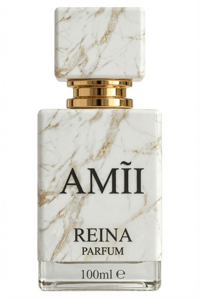 Foto real del frasco REINA de AMĨI PERFUME: mármol blanco con vetas doradas